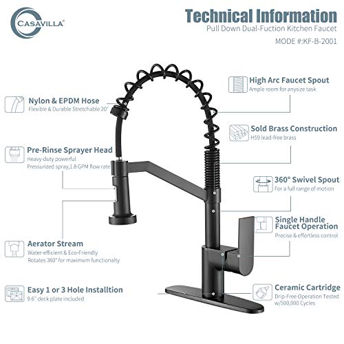 Casavilla Black Kitchen Faucet,Kitchen Sink Faucets with Pull Down Sprayer,Brass Single Handle Faucets for Kitchen Sinks with Deck Plate KF-B-2001-CA by Casavilla - Image 8