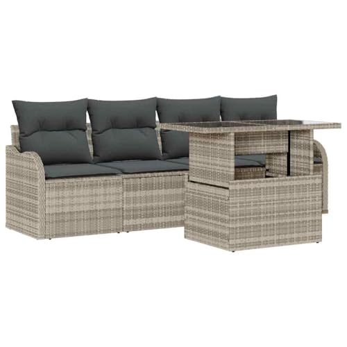 vidaXL Conjunto de sofá de jardín 5 pcs Gris Claro Rattan de Poliéster, Sofá Moderno Modular para jardín y terraza, Mueble al Aire Libre, sección de ratán, Estilo Lounge