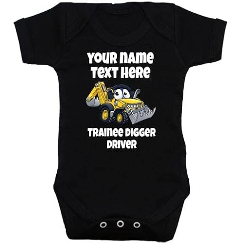 Acce Products Black Trainee Digger Driver Personalised Name Colour Pic Baby Grow, Bodysuit, Romper, T-Shirt - 6-12 Months