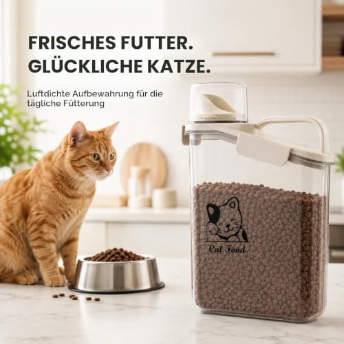 Ctomche Katzenfutter Aufbewahrung lluftdichter Futtertonne Vorratsbehälter für Katzen mit Messbecher und Ausgießer,Tragbarer Griff,BPA-freier Kunststoff, transparent, 2.8L