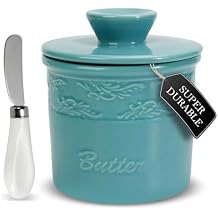 Sheffield Home French Butter Dish Crock with Lid & Spreader 6oz Ceramic Butter Crock for Counter with Water Microwave & Dishwasher Safe Turquoise