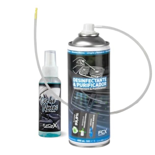 AutoFullCar - Pack Desinfectante y Purificador para Aire Acondicionado de Coche en Spray FullCarX - Limpia los Conductos AC - Sistema de Ventilacion Interior - Incluye Ambientador Coche Nuevo 100 ml