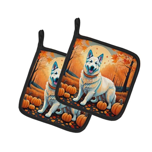 Caroline's Treasures DAC1047PTHD White German Shepherd Fall Pair of Pot Holders Kitchen Heat Resistant Pot Holders Sets Oven Hot Pads for Cooking Baking BBQ, 7 1/2 x 7 1/2