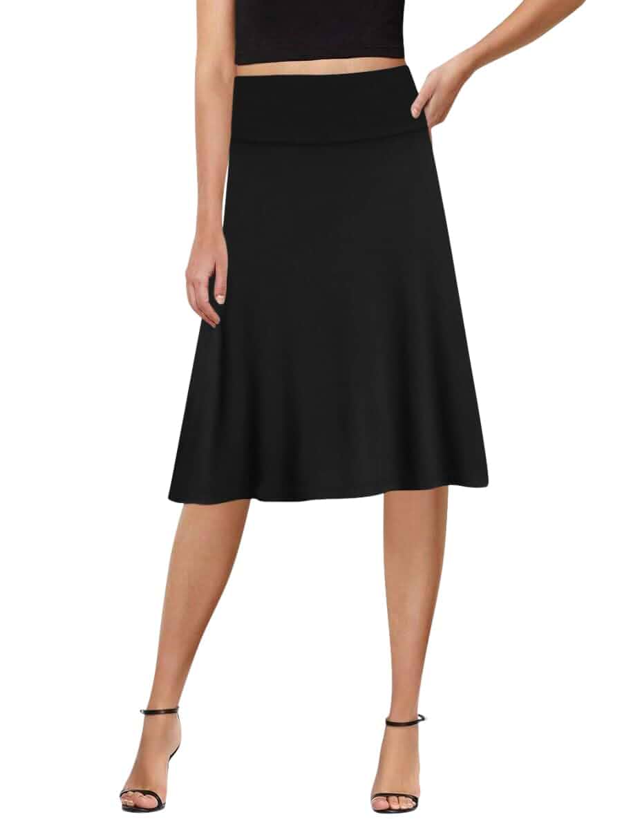Sweet Hearts A-Line Midi Skirts for Women- Black Skirt Womens Knee Length Black Midi Skirt, Foldover Waist, A-Line, Midi Length, Basic, Flowy, Womens Skirts, High Waist, Flared, Made in USA