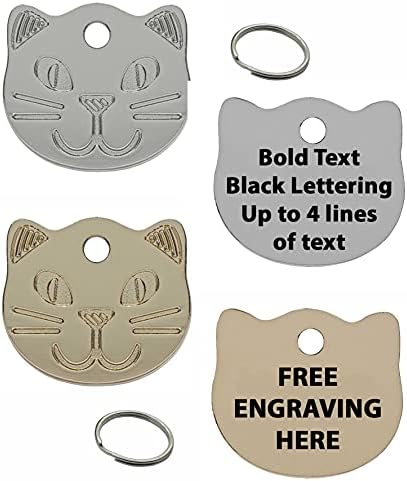 Personalised Engraved Cat Face Pet Tag with Black Bold Lettering in Silver or Brass (Silver / Nickel)