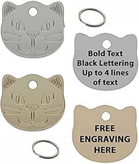 Personalised Engraved Cat Face Pet Tag with Black Bold Lettering in Silver or Brass (Silver / Nickel)
