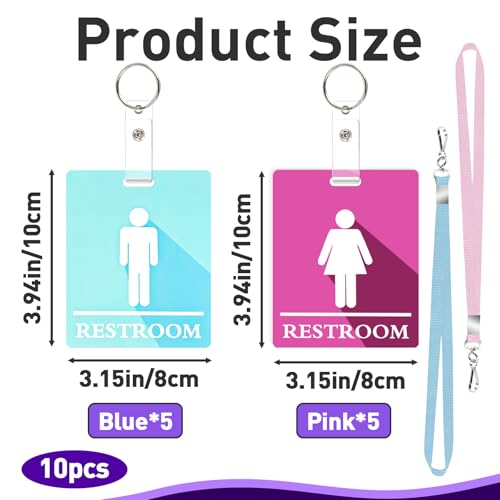 10 PCS Bathroom Passes for Classrooms Include Key Holder and Lanyard, Pink and Blue Bathroom Pass for Women Men, Bathroom Key Chain for Business School Toilet Office Restaurant Public Place