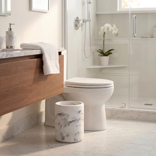 Image of Marsui Resin Wastebasket, Round Marble Compact Trash Can Mini, 2 Gallons Garbage Bin Gravel Wastepaper Basket for Bathroom, Powder Room, Kitchen, Home Office, 7.9 x 9.8 Inch(Marble)