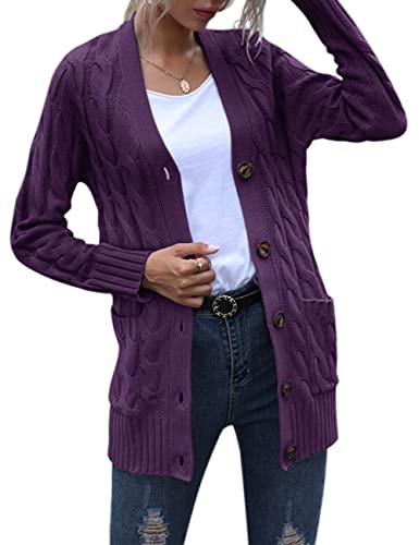Merokeety Women's Long Sleeve Cable Knit Sweater Open Front Cardigan Button Loose Outerwear Plum #TOP3