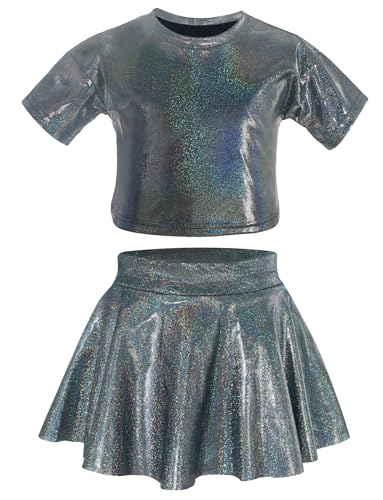 Image of Happy Cherry 2Pcs Kids Girls Shiny Metallic Short Sleeve Crop Top with Pleated Skirt Set Dancewear Performance Costumes