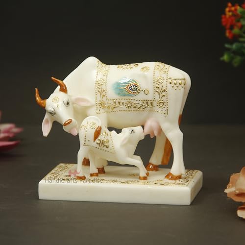 Image of Handicrafts Paradise Cultured Marble Hand Made Painted Kamadhenu Cow Baby, Animal Figurine 4.3 Inch