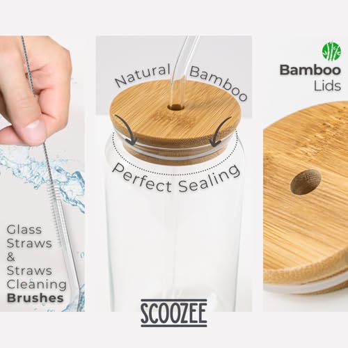 Scoozee Copos de café gelado com tampas [4 peças - 510 g] Copos de cerveja com tampas de bambu e can