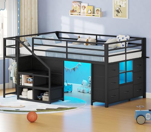 BTHFST Low Loft Bed Twin Size with Stairs & LED