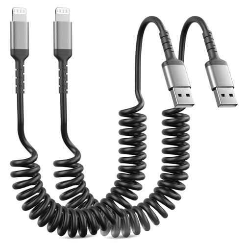 Lot de 2 câbles Lightning en spirale certifiés Apply Carplay & MFi, câble de charge rapide USB A vers Lightning, compatible avec iPhone 14 13 12 11 Pro Max...