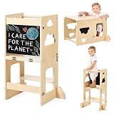KYWAI® Wieża Montessori składana – krzesełko kuchenne dla dzieci 3 w 1 Premium: składana wieża edukacyjna, przekształcana w biurko z tablicą, drewno FSC, firma zrównoważona wspierająca zalesianie