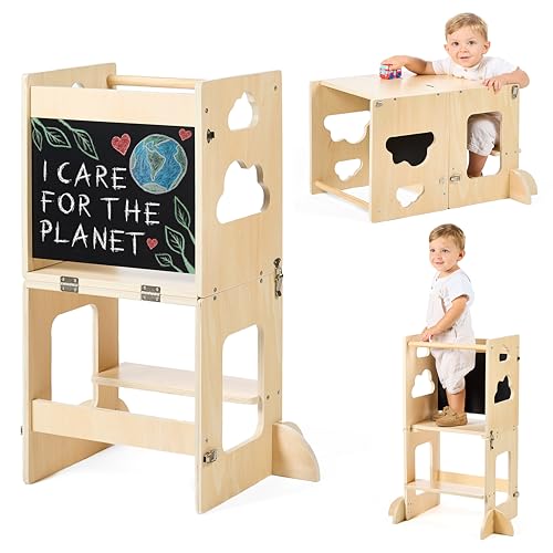 KYWAI® Premium Toddler Tower Foldable – Toddler Kitchen Stool Montessori 3 in 1 Premium: Foldable Learning Kids Tower Convertible into Desk with Chalkboard, Sustainable Company with Reforestation