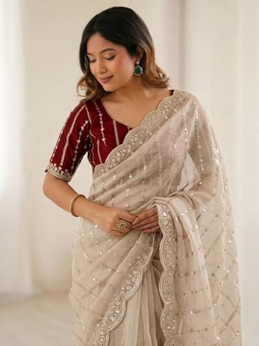 Image of SIRIL Women's Shimmer Georgette Scalloped Border Sequins Embroidery Saree with Unstitched Blouse Piece