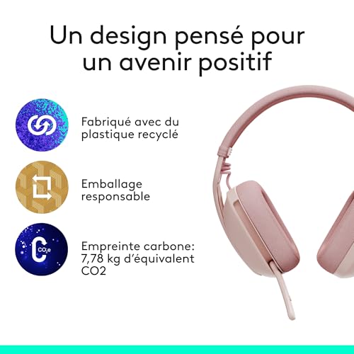 Logitech Zone Vibe 100 Casque d'écoute léger sans fil avec Micro anti-bruit de fond, Écouteurs Bluetooth multipoint avancés, Fonctionne avec Teams, Google Meet, Zoom, Mac/PC - Rose