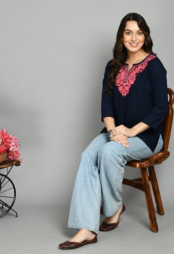 Image of QAZMI Women's Cotton,Rayon Embroidered Regular Tunic Shirt