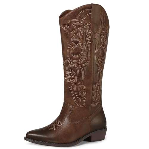 mysoft Women's Cowboy Boots Mid Calf Cowgirl Embroidered Western Pointed Toe Chunky Heel Pull On Knee High Boots