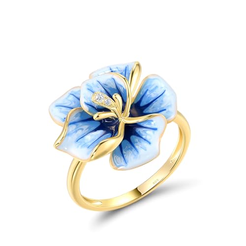 Santuzza Orchid Ring 925 Sterling Silver White Cubic Zirconia Enamel Blue Flower Statement Ring for Women (6)