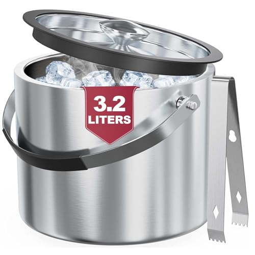 3.2 Liter Ice Bucket with Silicone Lid, Strainer, Tongs, Double