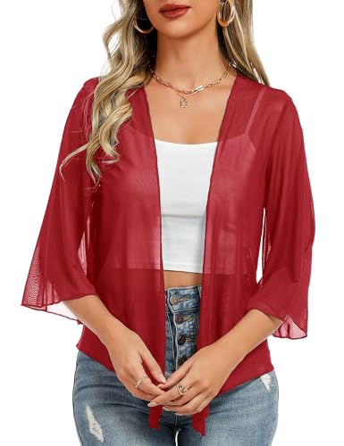 Image of Totatuit Women's Short Cardigan Bolero Sheer Shrug Tie Open Front Bell Sleeve Summer Cropped Bolero Cardigan