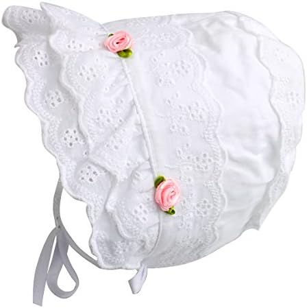 Cap Baby Girls 100% Cotton Double Brimmed Eyelet Lace Bonnet with Flowers (3-6 Months, White)
