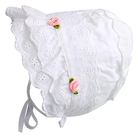 Slowera Cap Baby Girls 100% Cotton Double Brimmed Eyelet Lace Bonnet with Flowers (3-6 Months, White) Cover