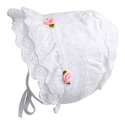 Cap Baby Girls 100% Cotton Double Brimmed Eyelet Lace Bonnet with Flowers (3-6 Months, White)