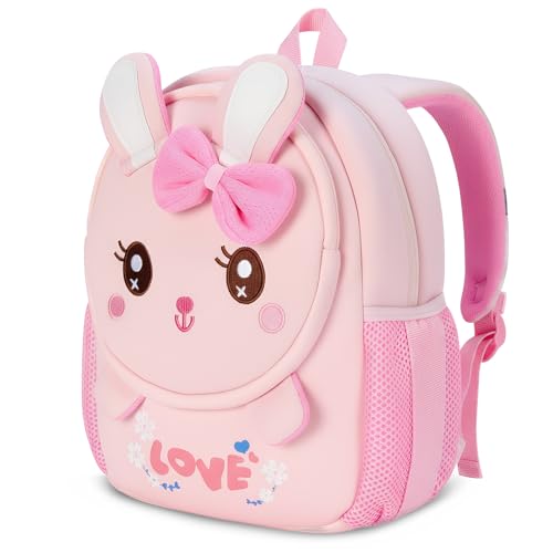 PROTAURI Mochila Infantil Niña con Correa de Seguridad, Mochila Guardería Niña/Niño 1 4 Años Neopreno, Mochila Bebé Guardería Pequeña y Ligera con Correa Pectoral (Anti‑Pérdida), Rosa Conejo
