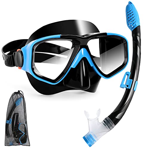 Odoland Snorkel Set for Adults, Anti-Leak Collapsible Dry Top Snorkeling Gear, Anti-Fog Tempered Glass Snorkel Mask for Snorkeling, Swimming And Scuba Diving for Man and Woman