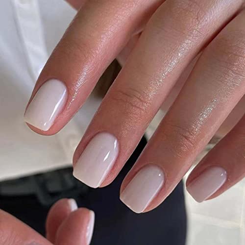 Foccna White Press on Nails Square Fake Nails Acrylic Glossy Short False Nail Tips Simple Artificial Finger Manicure for Women and Girls 24pcs