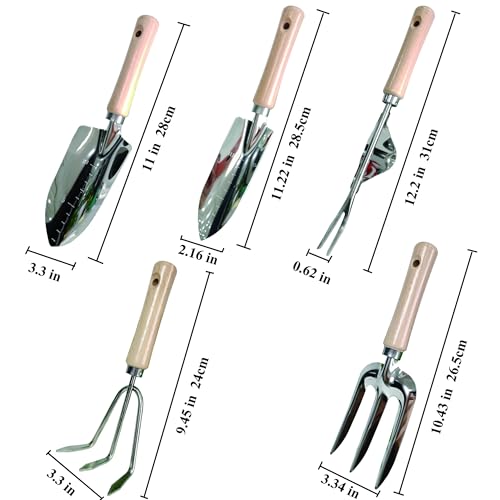 DONSP1986 Garden Tools Set, 5 Piece Stainless Steel Hand Tool Kit with Ergonomic Wooden Handle, Heavy Duty Gardening Tools Include Hand Trowel, Transplant Trowel, Hand Rake, Hand Fork and Weeder