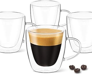 DLux Espresso Coffee Cups 80ml, Double Wall, Clear Glass Set of 4 3oz Glasses with Handles, Insulated Borosilicate Glassware Tea Cup