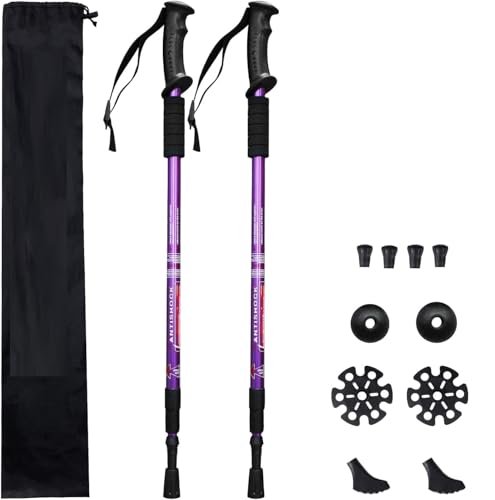 Image of Trekking Poles (2 Pack), Collapsible & Adjustable Hiking Sticks for Men & Women, Lightweight Aluminum Walking Poles with Anti-Shock System & Accessories - for Trekking, Hiking, Walking (Purple)