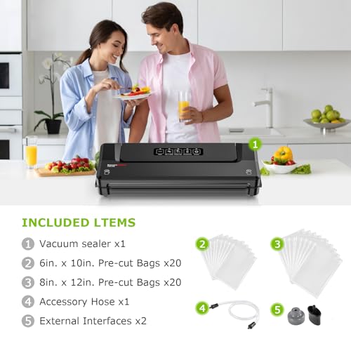 Bonsenkitchen Vacuum Sealer Machine with 40 Bags | Compact Food Sealer for Kitchen Storage & Meal Prep | Multiple Modes | External Vacuum System, Black