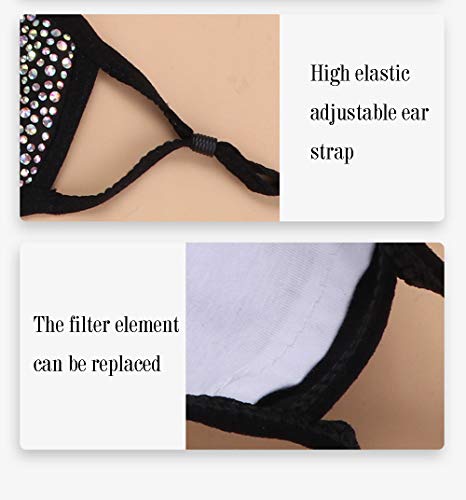2 Pcs Bling Face_Mask For Women With 10 Filters Sparkly Rhinestone Glitter Mask Crystal Sequin Cloth Mask Facial Shield Adult Face Protection Balaclava For Holiday Nightclub Masquerade Party Black #TOP3