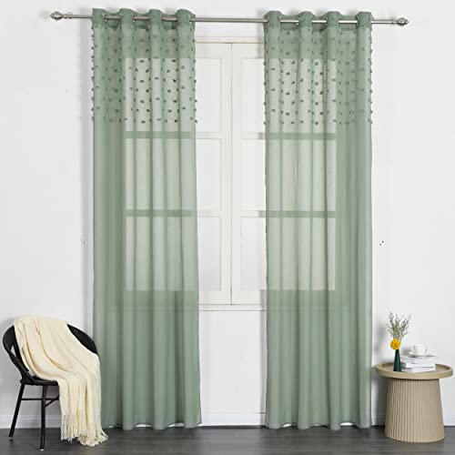 DALINA Textil - Cortinas para Salón Dormitorio Translúcido 2 Piezas de 140x260cm, Visillo para Ventana con diseño de Pompones Tejido de Gasa Fina 100% Poliéster, Cortina con Ojales Color Gris