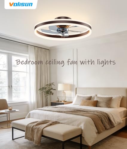 Image of VOLISUN Low Profile Ceiling Fans with Lights and Remote, 20in Flush Mount Ceiling Fans with Light, 3000K-6500K Dimmable Fandelier LED Fan Light, Brown Bladeless Ceiling Fans with Lights for Bedroom