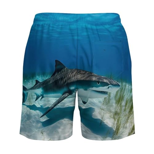 Tiger Shark Ocean Casual Beach Shorts for Men Elastic Waist Drawstring Swim Shorts With Compression Liner4