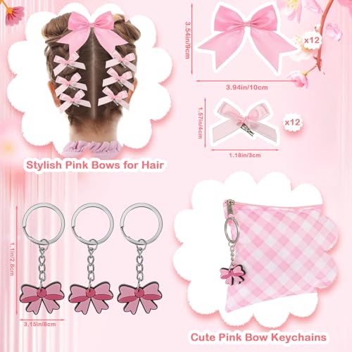 48 Pcs Pink Bow Party Favors Included Coquette Makeup Bags Keychains Pink Bows Hair Clips Coquette Birthday Party Gifts Bulk for Women Bestie Coworker3
