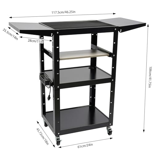 TTeralmon Black Steel AV Cart with Wheels & Power Strip Height Adjustable Rolling Computer Cart w/Folding Drop Leaves Media Cart Projector Cart, 300 LBs, 24 * 18 * 41.75in - Thumbnail 3