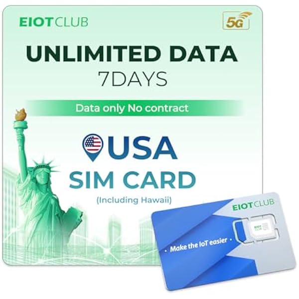 EIOTCLUB USA karta SIM, 7 dni nieograniczone dane 5G/4G LTE, bez umowy, możliwość ładowania, na Hawaje i Alaskę, kompatybilna z urządzeniami iOS i Android