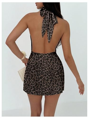 Image of Floerns Women's Ruched Cowl Neck Halter Mini Dress Tie Backless Night Out Dresses