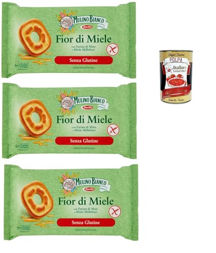 3x Mulino Bianco Fiori di miele senza glutine Shortbread kekse biscuits Cookies mit Millefiori Honig, glutenfrei, gluten free 250 g + Italian gourmet polpa 400g