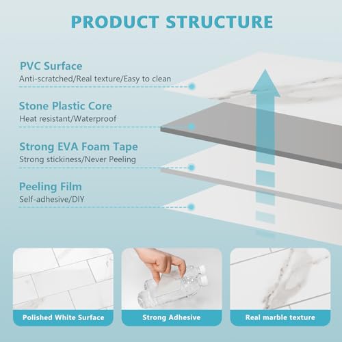 Vamos Tile 100-Piece Peel and Stick Backsplash Seamless Tile,3''x6'' Glossy Statury White Marble with White Grout PVC Subway Tile,Stick on Backsplash for Kitchen/Bathroom/Laundry Room by Vamos Tile - Used condition - Image 9