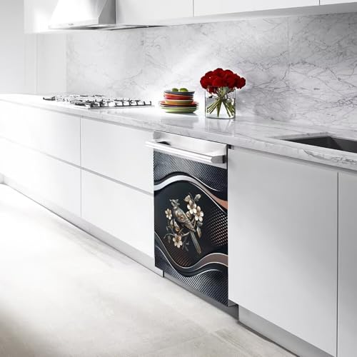Stainless Steel Design Bird Wreath Painting Magnetic Dishwasher Cover Sticker,Magnet Door Panel Decal,Floral Bird Refrigerator Sticker Kitchen Decor 23W x 26H inchs - Used condition - Image 4