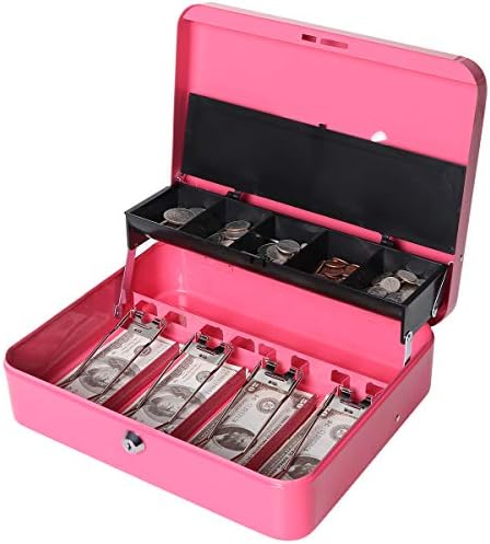 Large Cash Box with Money Tray and Lock, Lovndi Metal Money Box for Cash, Lockbox 11.8 x 9.5 x 3.54 Inches, Pink