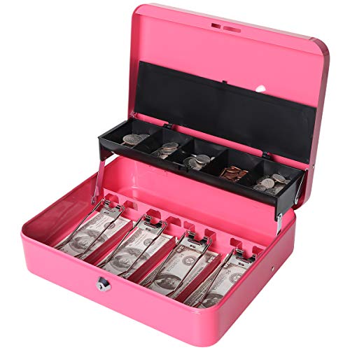 Large Cash Box With Money Tray And Lock, Lovndi Metal Money Box For Cash, Lockbox 11.8 X 9.5 X 3.54 Inches, Pink #TOP23